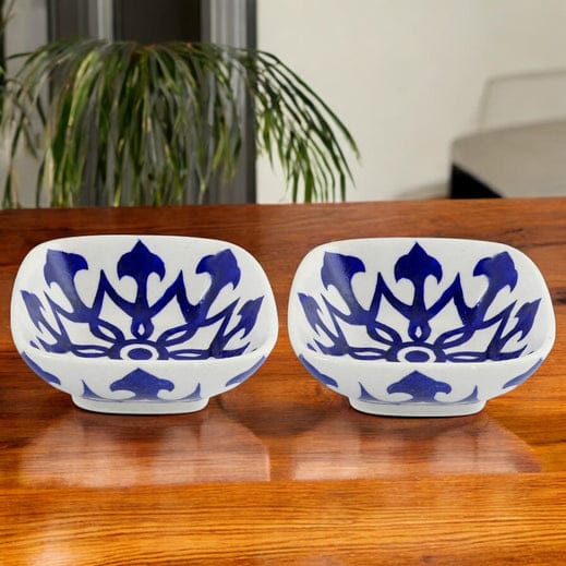 Set of 2 Floral and Geometric Pattern Blue Pottery BowlsWhite6