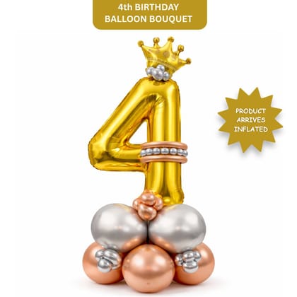 Royal Number 4 Large Golden Balloon Bouquet Arrangement with Small Crown & Silver, Rosegold Latex Balloons