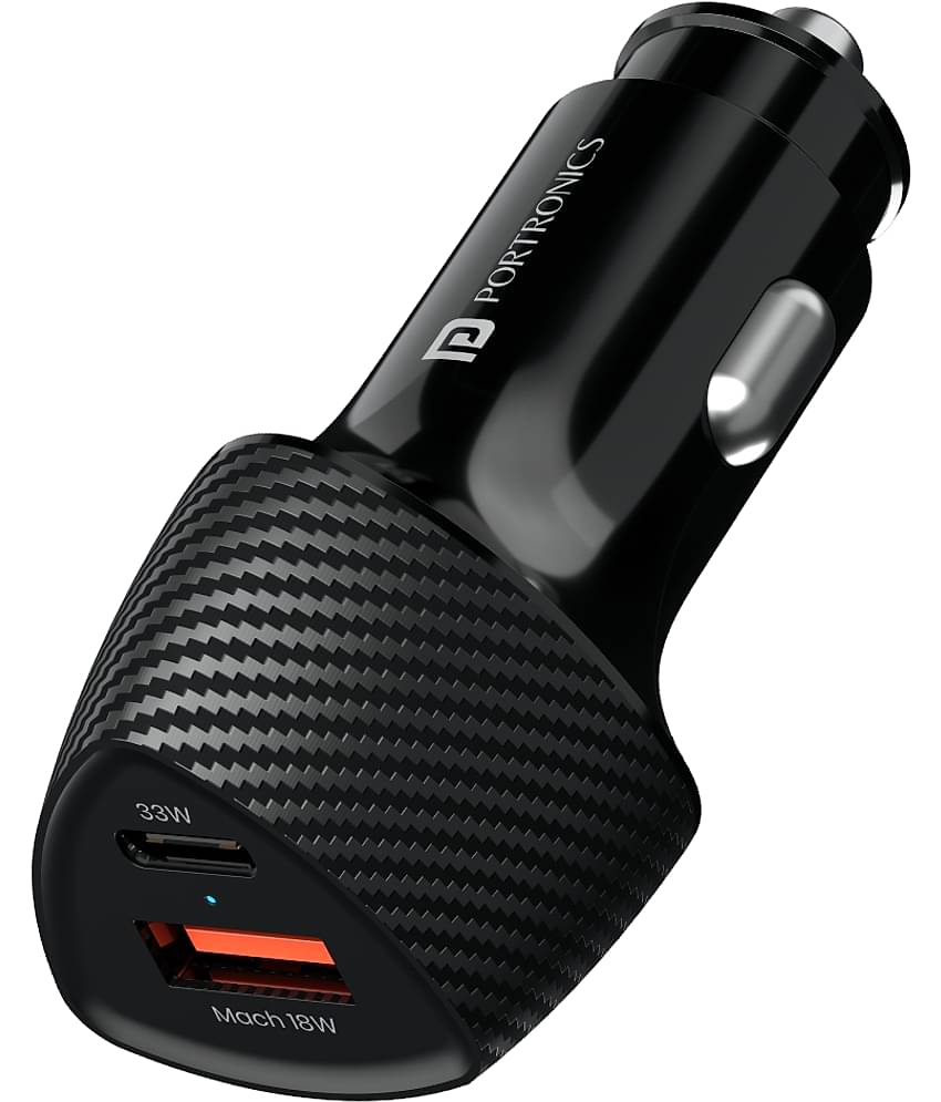 Portronics 51W Car Power 16 Fast Car Charger with Dual Output, 51 Watts Total (18W USB + 33W Type C PD), Fast Charging, Adapter for iPhone & Android Smartphones and Tablets (Black)