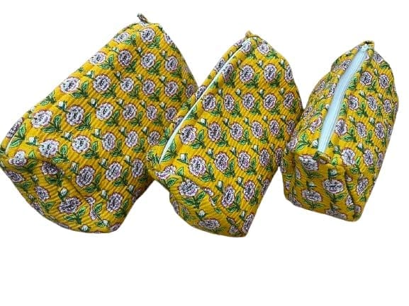 Quilted Cotton Cosmetic Pouches, Yellow Floral Print, Set of 3, Zipper Closure, Travel Organizer Bags