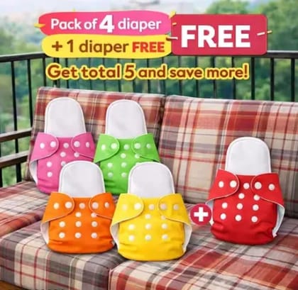 Pack of 4 Diapers + 1 Diaper FREE (4+1 = Total 5 Diapers) | Insert Included in All | Ultra Soft, Leak-Proof & Skin Friendly