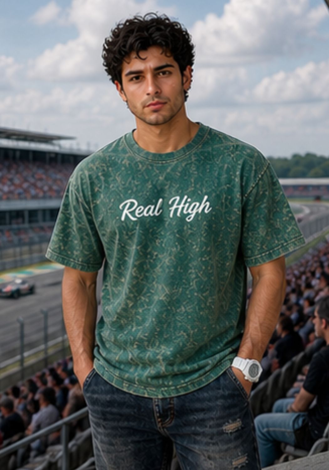 Hue Nox Men's Green Real High Graphic Oversized T-Shirt