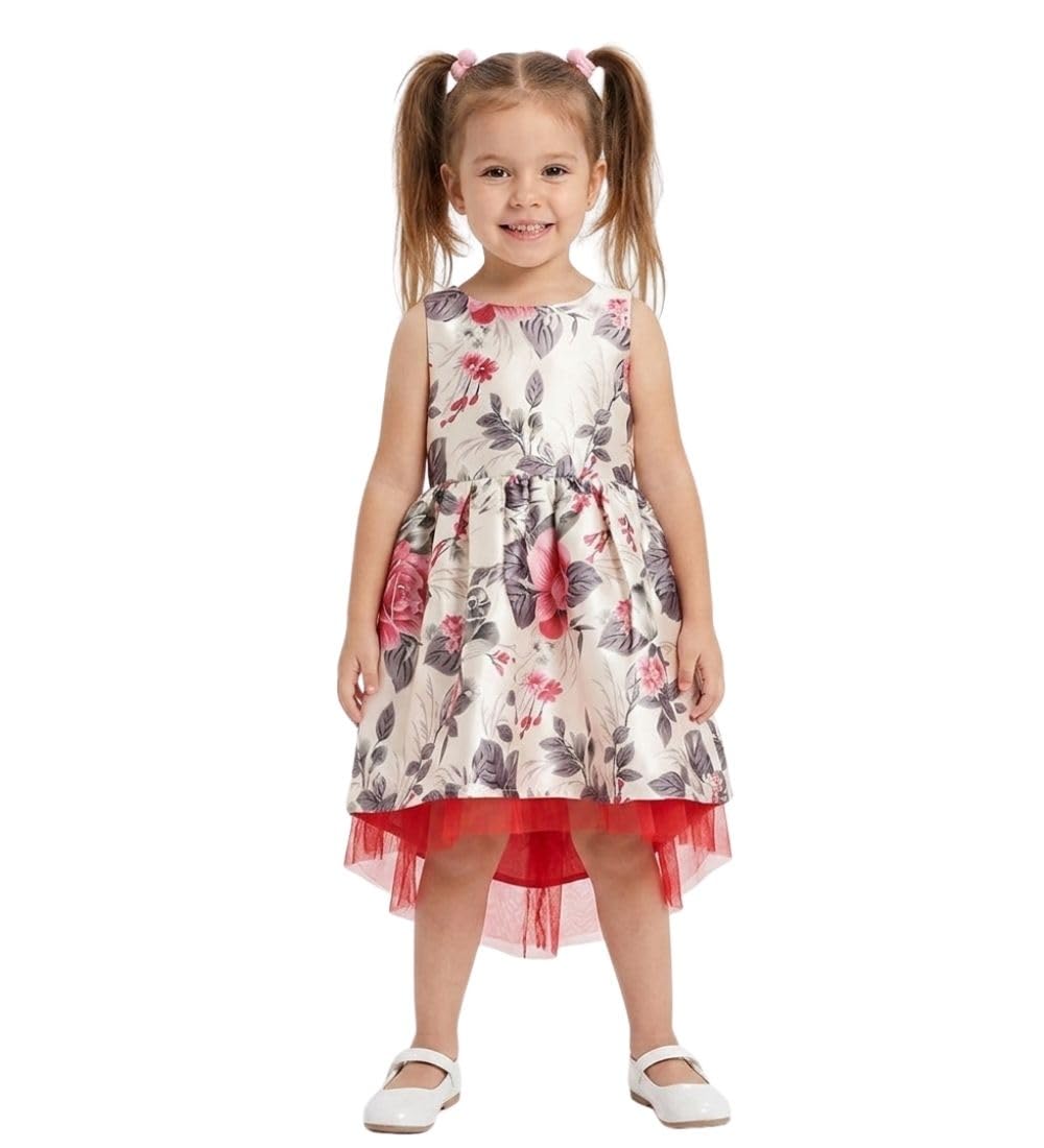 Girl's Polyester & Net Inset Sleeveless Dress with Net Inset (Off White, 5-6-Yrs)-PID66013