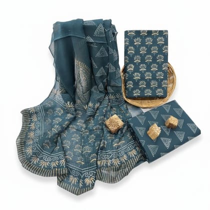 Teal Block Printed Ethnic Dress Material Set
