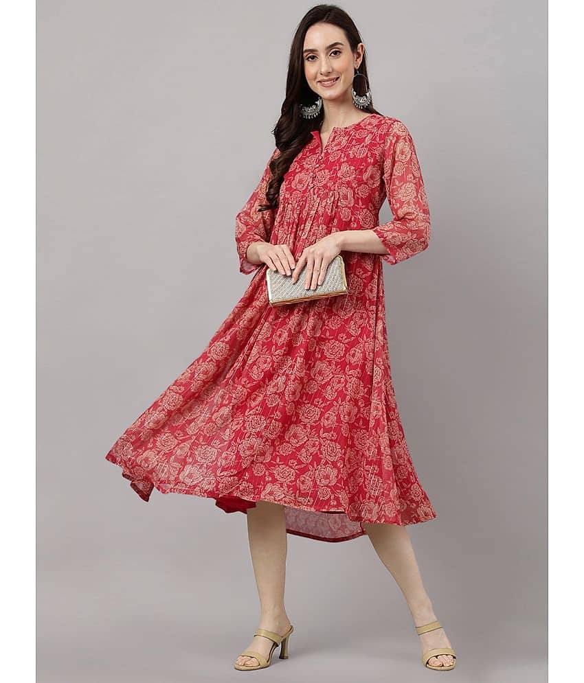 Janasya Women Chiffon Printed Fit & Flare Dress ( Pink )