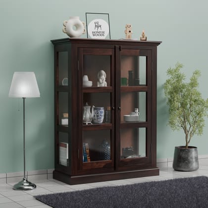 Glass Door Display Cabinet, for Crockery, Books, Display Items Solid Wood, 3 Shelves Solid Wood Display Cabinet for Home Office Showcase Wooden Crockery Cabinet,Brown or Walnut Finish