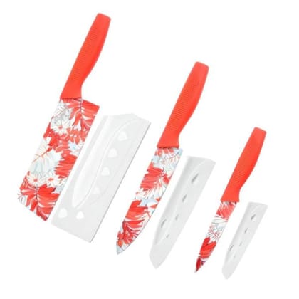 Stainless Steel Knife Set Premium with Covers Floral Red 3 Pcs