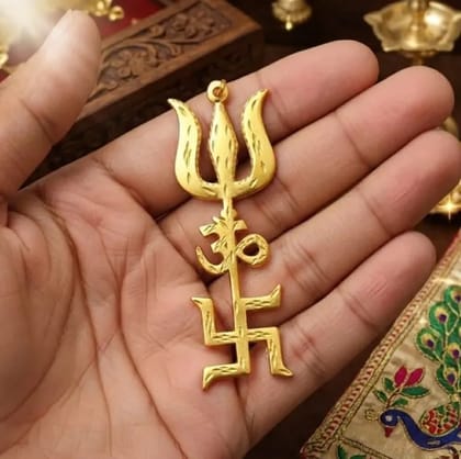 Gold Metal Brass Swastik Om Trishul Trishakti Yantra Wall Hanging for Door Entrance | Vastu Dosh Remedy | Spiritual Home Decor for Living, Pooja Room | Good Luck & Positive Energy Gift (1, 10 * 3 Cm Gold Metal Brass Swastik Om Trishul Trishakti Yantra Wall Hanging for Door Entrance | Vastu Dosh Remedy | Spiritual Home Decor for Living, Pooja Room | Good Luck & Positive Energy Gift (1, 10 * 3 Cm
