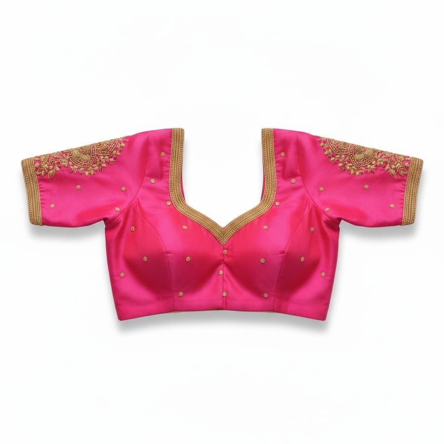 Pink Embroidered Ethnic Saree Blouse with Pearl Accents
