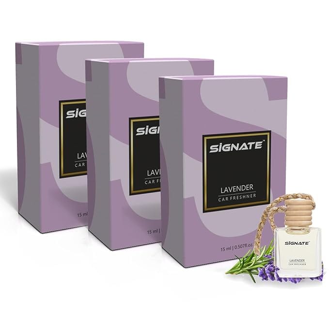 Signate Car Perfume with Natural Fragrance Essential Oils | Car Air Fresheners Long Lasting Upto 90 Days | Hanging Pod in Glass Bottle with Wooden Diffuser Lid  15ML (Aqua De Lavender) (Pack of 3)