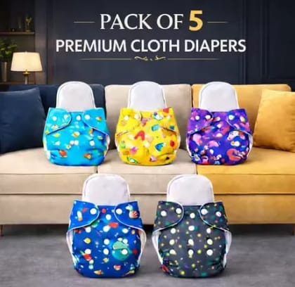 Pack of 5 with 5 Premium Insert Printed Cloth Diapers | Ultra Soft, Heavy Absorbency, Leakproof, Adjustable & Rash-Free Baby Nappies