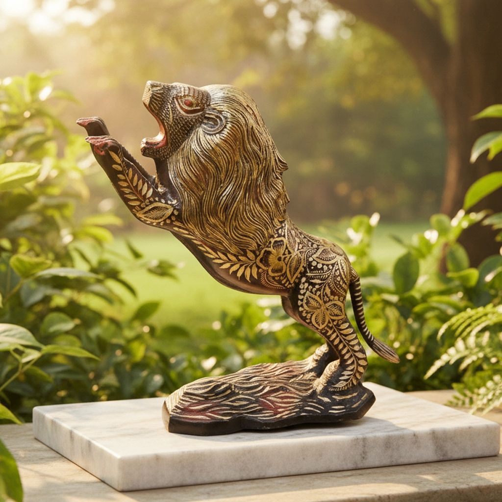 Handcrafted Brass Jumping Lion Decorative Showpiece Statue for Luxury Decor, Height : 11.5 Inch (ANMAS178 A)