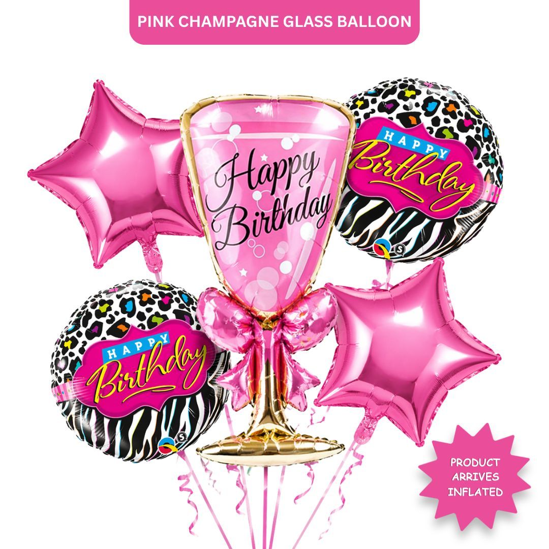 Pink Champagne Glass Helium Balloon Set of 5 (Supershape Champagne Glass + 2 Pink Happy Birthday + 2 Pink Star Balloons) | Pre-Inflated & Delivered | Birthday Decoration