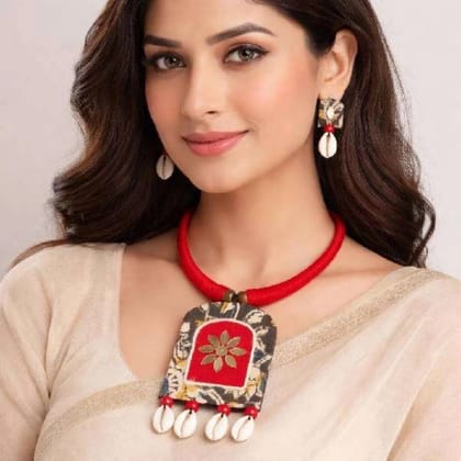 Handmade Red Fabric Necklace and Earring Set for Women Casual Wear Lightweight Skin Friendly