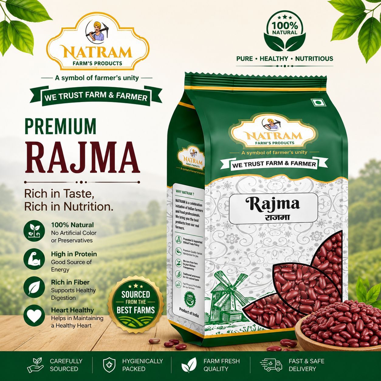 NATRAM (Rajma Kidney Beans + Moong Dal Chilka Unpolished) Combo Pack | 500 Gram Each