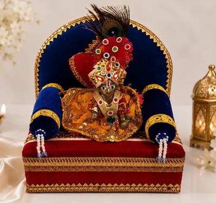 Patitapaban Laddu Gopal Velvet Sofa Cum Sinhasan with Pillows | Wooden All Purpose Chowki (Blue, Red, Pack of 1)