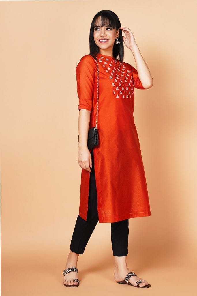Tangerine Yoke Embroidered Silk Kurta