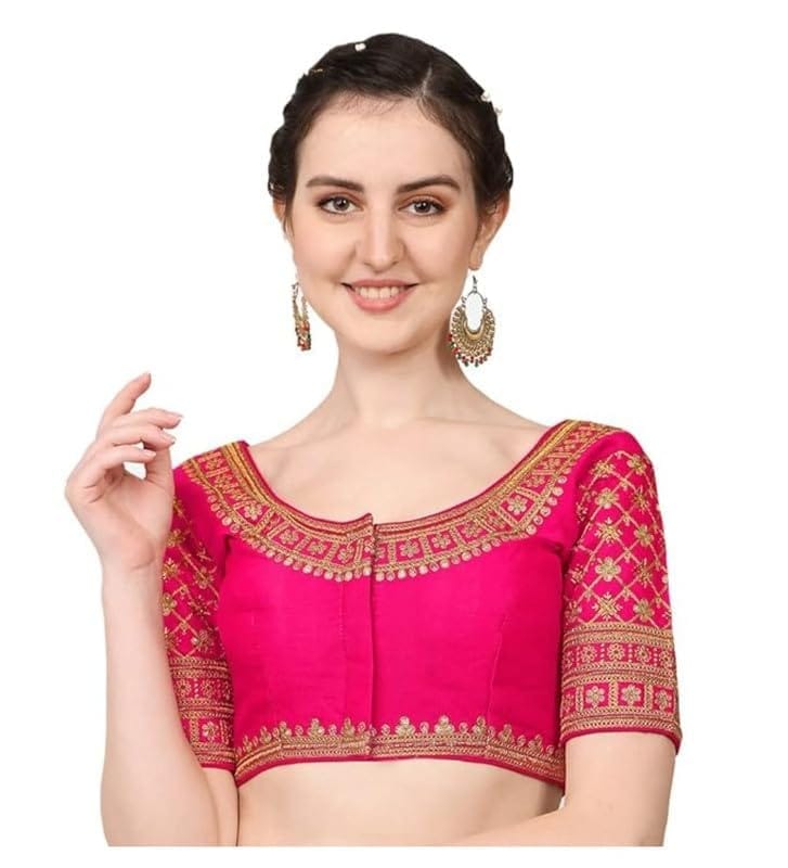 Women's Silk Embroidery Coding Round Neck Short Sleeve Readymade Blouse (Pink, Free Size)-PID57750