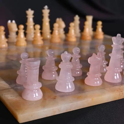 SahajHast Gemstone Chess Set - Handcrafted Yellow Aventurine & rose quartz