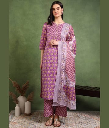 Yash Gallery Women Cotton Printed Straight Kurti With Pants ( Lavendar )