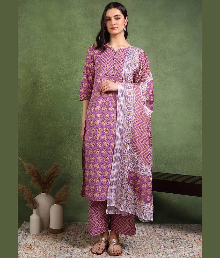 Yash Gallery Women Cotton Printed Straight Kurti With Pants ( Lavendar )