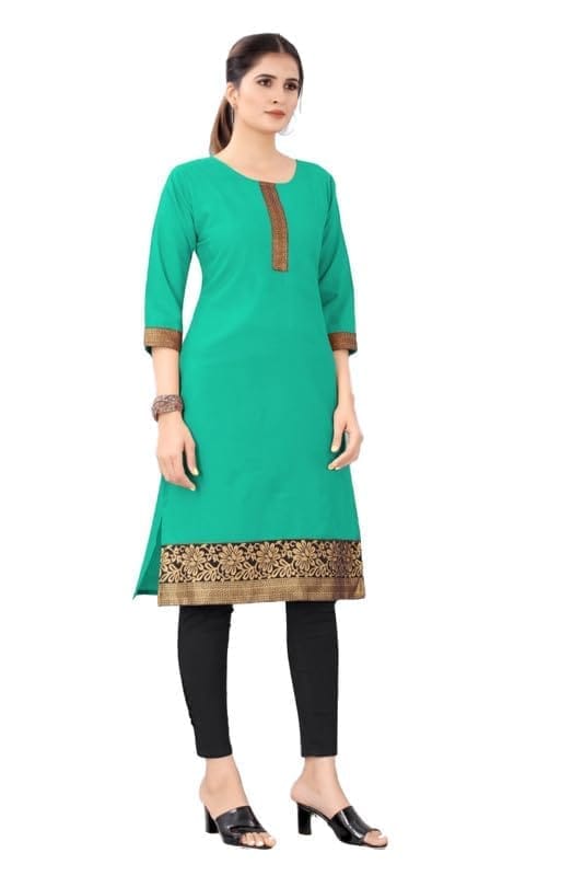 Women's Casual 3/4th Sleeve Solid Cotton Kurti (Green, M)-PID46118