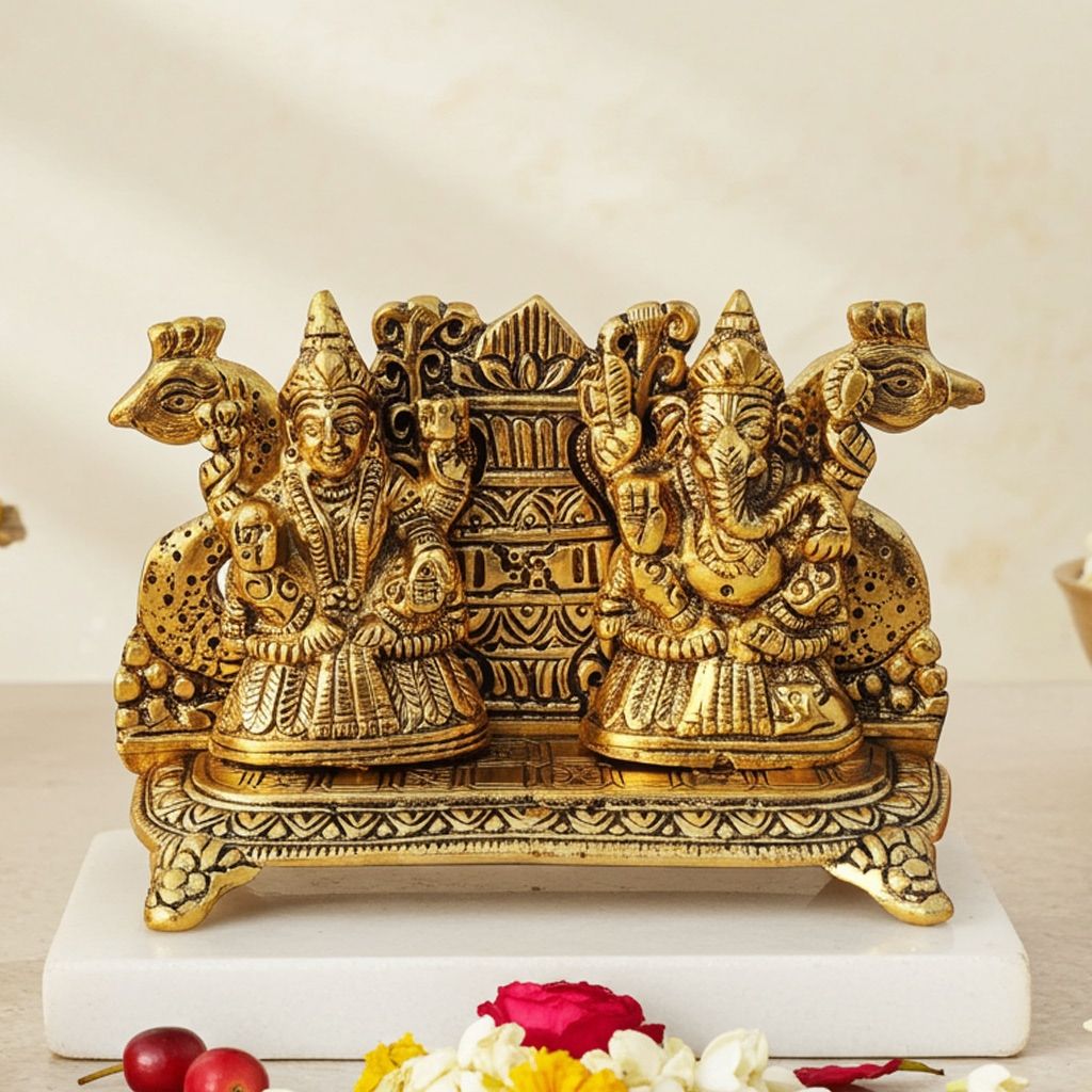 Aluminium Peacock Laxmi Ganesh Statue | Premium Religious Showpiece, Height : 4 Inch (ASMAS436 G)