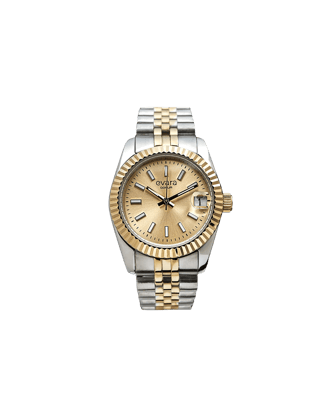 Qorum Evara Ladies Watch – Gold Dial, Date Display, Two-tone Gold Plated Stainless Steel Strap