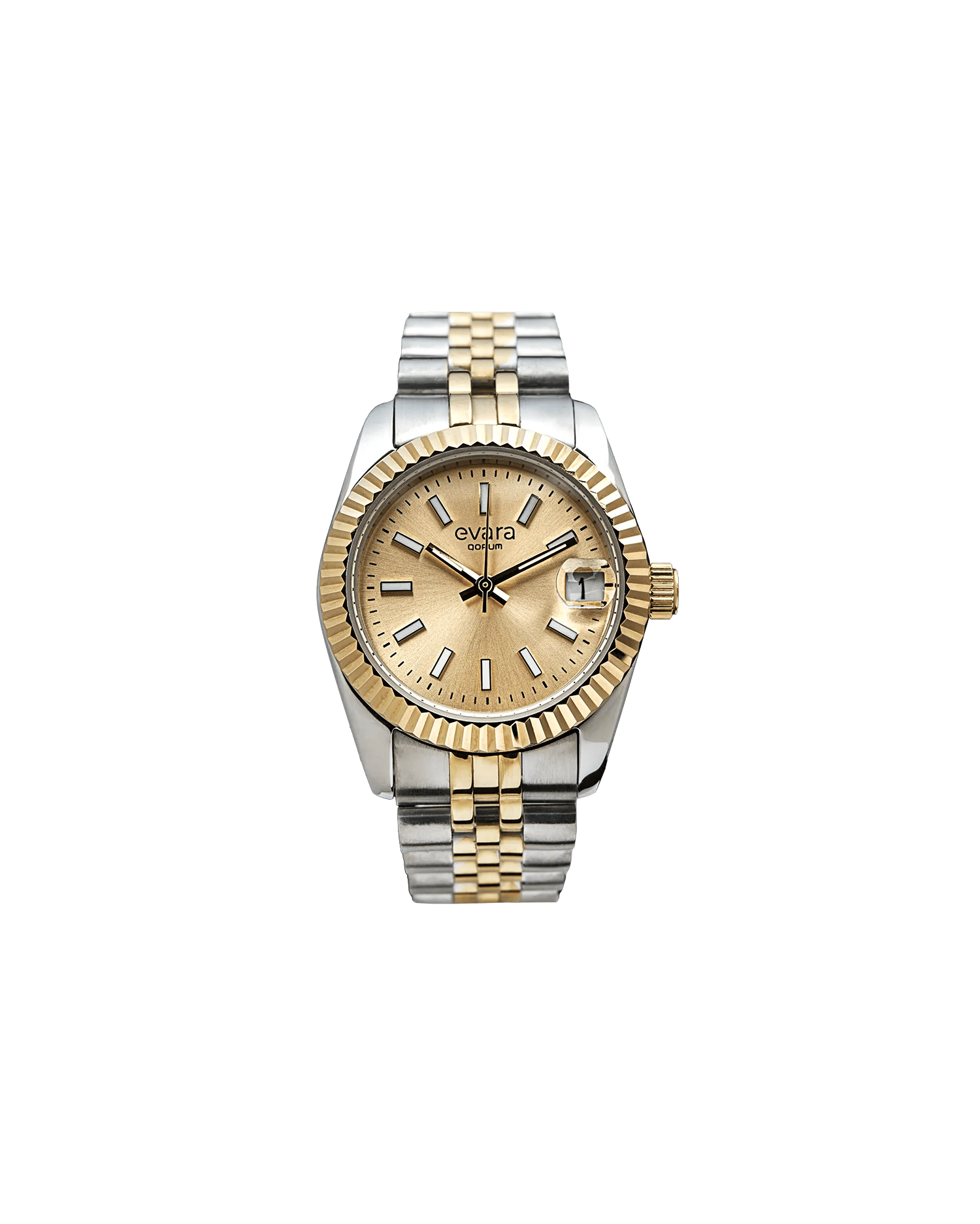 Qorum Evara Ladies Watch – Gold Dial, Date Display, Two-tone Gold Plated Stainless Steel Strap