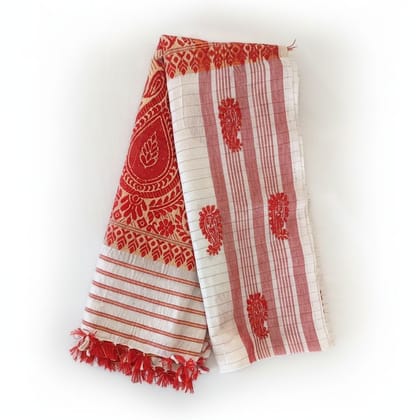 Red and White Cotton Traditional Saree