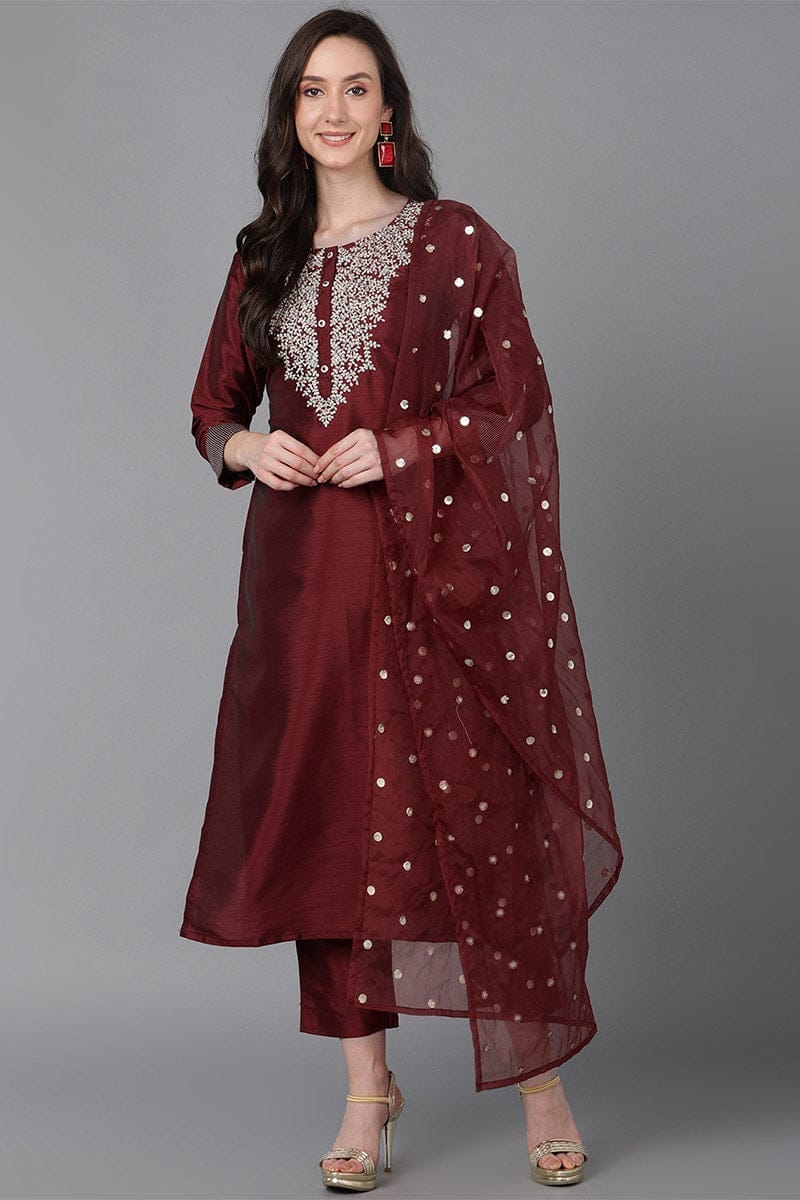 Maroon Poly Silk Solid Yoke Design Kurta Trousers With Dupatta PKSKD1587
