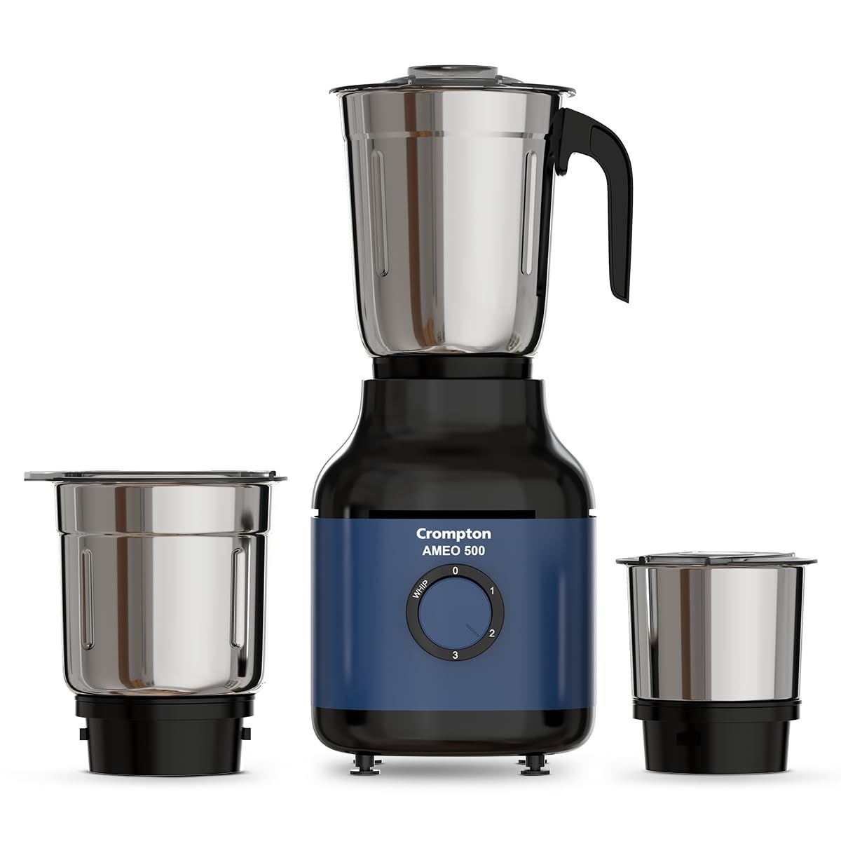 Crompton Ameo 500W Mixer Grinder with Powertron Motor & Motor Vent-X Technology, Robust design (3 Stainless Steel Jars, Blue and Black) Crompton Ameo 500W Mixer Grinder with Powertron Motor & Motor Vent-X Technology, Robust design (3 Stainless Steel Jars