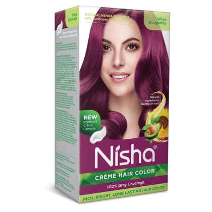 Nisha Creme Hair Color Wine Burgundy 120g, Permanent Hair Colour with Henna Extracts, 100% Grey Coverage