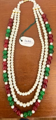 three-layer tricolor red,green and white moti pearl necklace