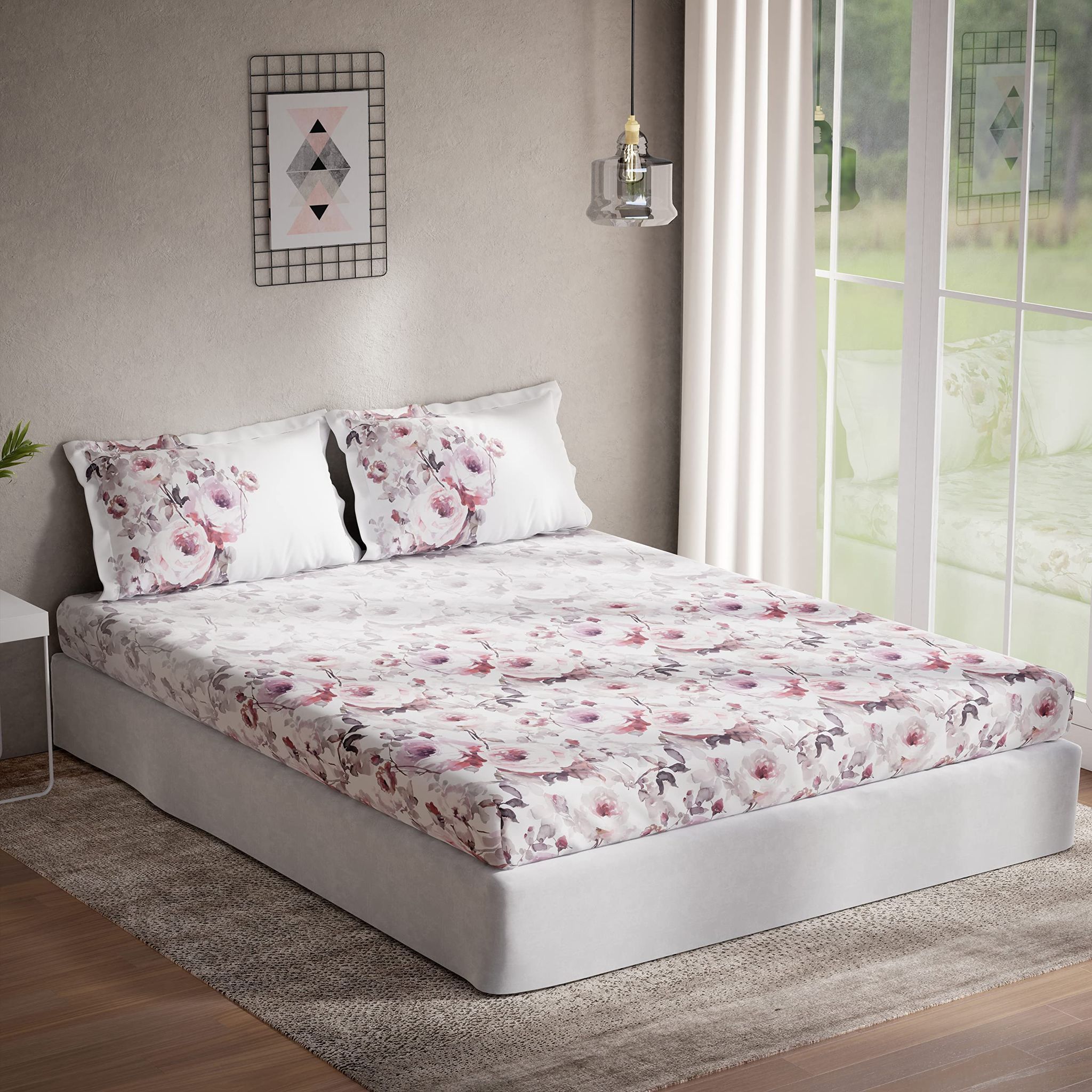 DDECOR - Optima Collection 100% Cotton Floral Pattern 136TC Queen Bedsheet |224 CM X 254 CM| Pink