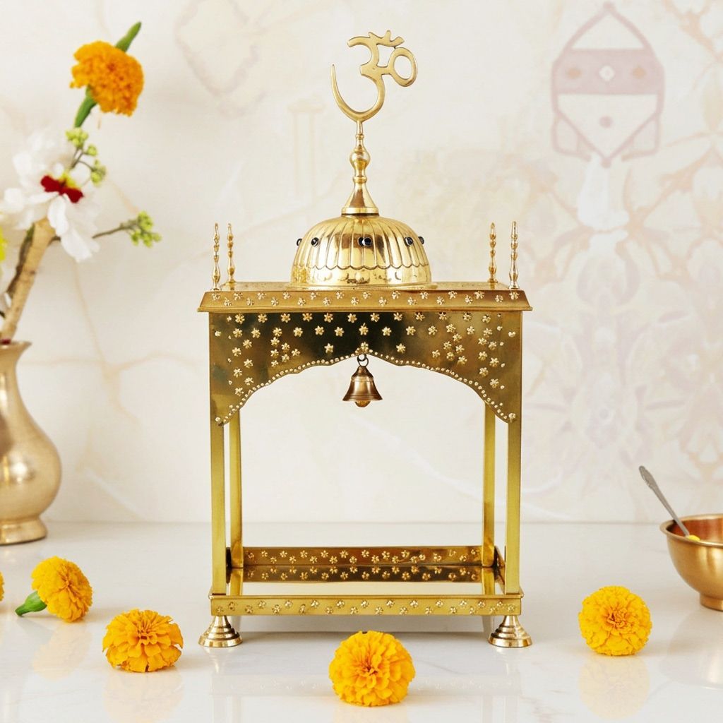 Brass Mandir Temple with Circular Dome � Decorative Home Temple, Height : 19.8 Inch (FMAS311 D)