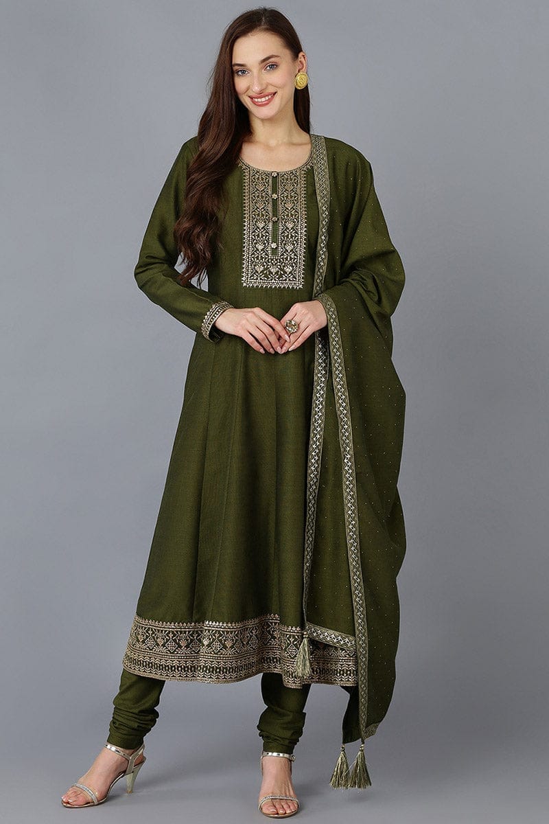 Olive Silk Blend Solid A-Line Kurta Trousers With Dupatta PKSKD1757