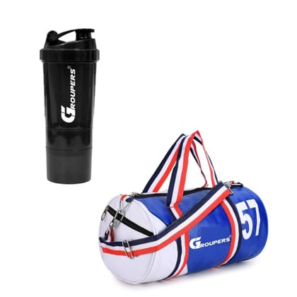 GROUPERS Duffle PU Leather Bag with Shaker Bottle-500mllSports & Travel BaglSports Kitl (Blue White)