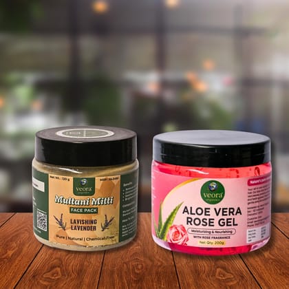 Veora Organics Aloe Vera Rose Gel & Multani Mitti Face Pack Lavishing Lavender Combo | Hydrating Aloe Vera Gel with Deep Cleansing Face Mask | Skin Brightening, Oil Control & Moisturizing | Natural Chemical-Free Skincare | 200g + 120g