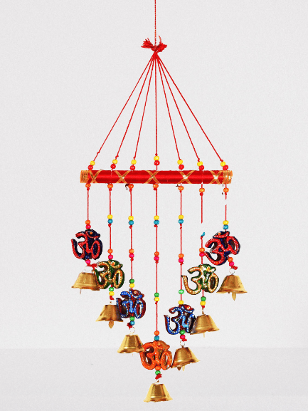 DreamKraft Handcrafted OM V Shape Door Hanging Wood Windchime (77 cm, Multicolor)