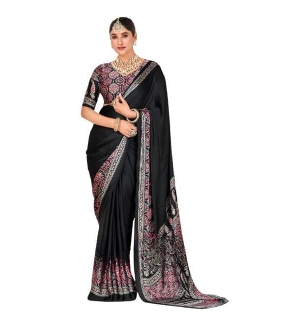 Women's Crepe Printed Saree With Unstitched Blouse 5.5Mtr (Black)-PID67151