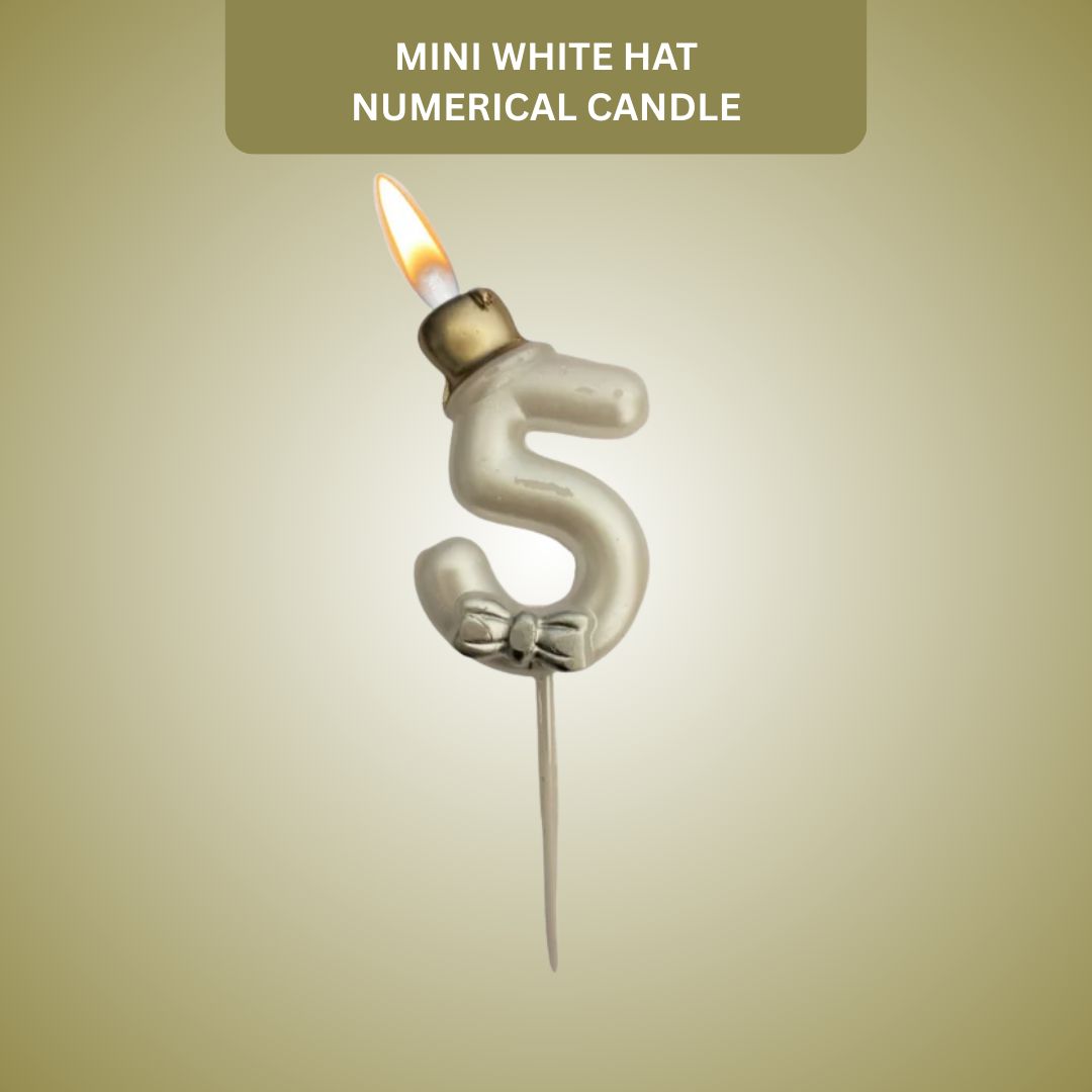 Metallic White Numerical Candle 5 with Golden Hat