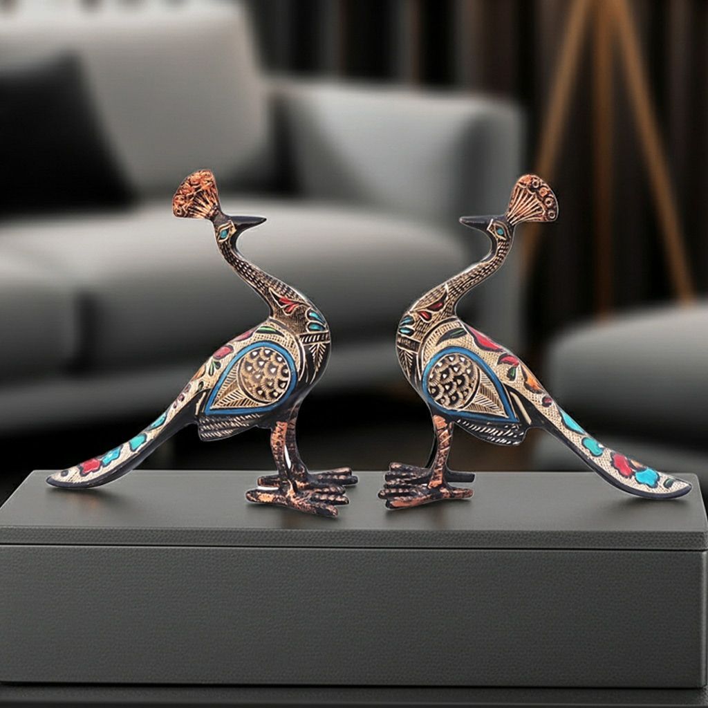 Handcrafted Brass Peacock Pair Statue for Home Decor & Vastu, Height : 7.5 Inch (ANMAS250 A)