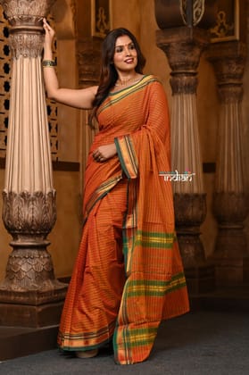 Parampara ~ Pure Cotton Saree in Regal Orange with Exclusive Zari Border & Pallu Parampara ~ Pure Cotton Saree in Regal Orange with Exclusive Zari Border & Pallu