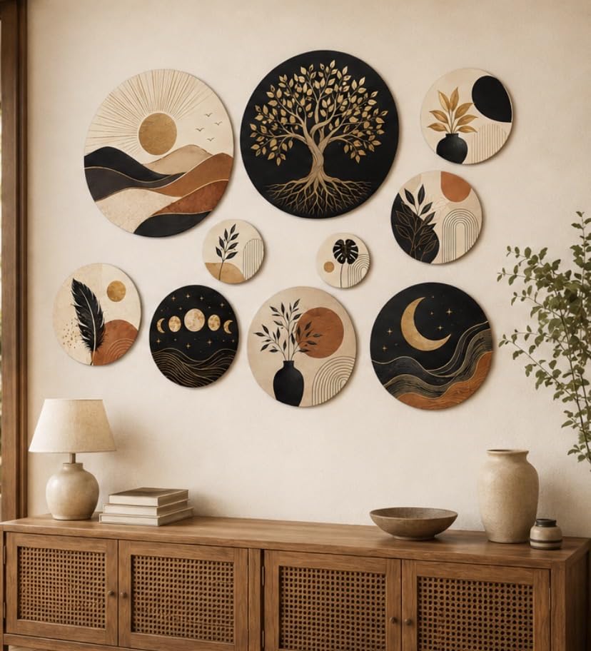 Tree of Life, Sun Moon & Botanical Round MDF Wall Art | Modern Aesthetic Wall Decoration for Living Room, Bedroom,