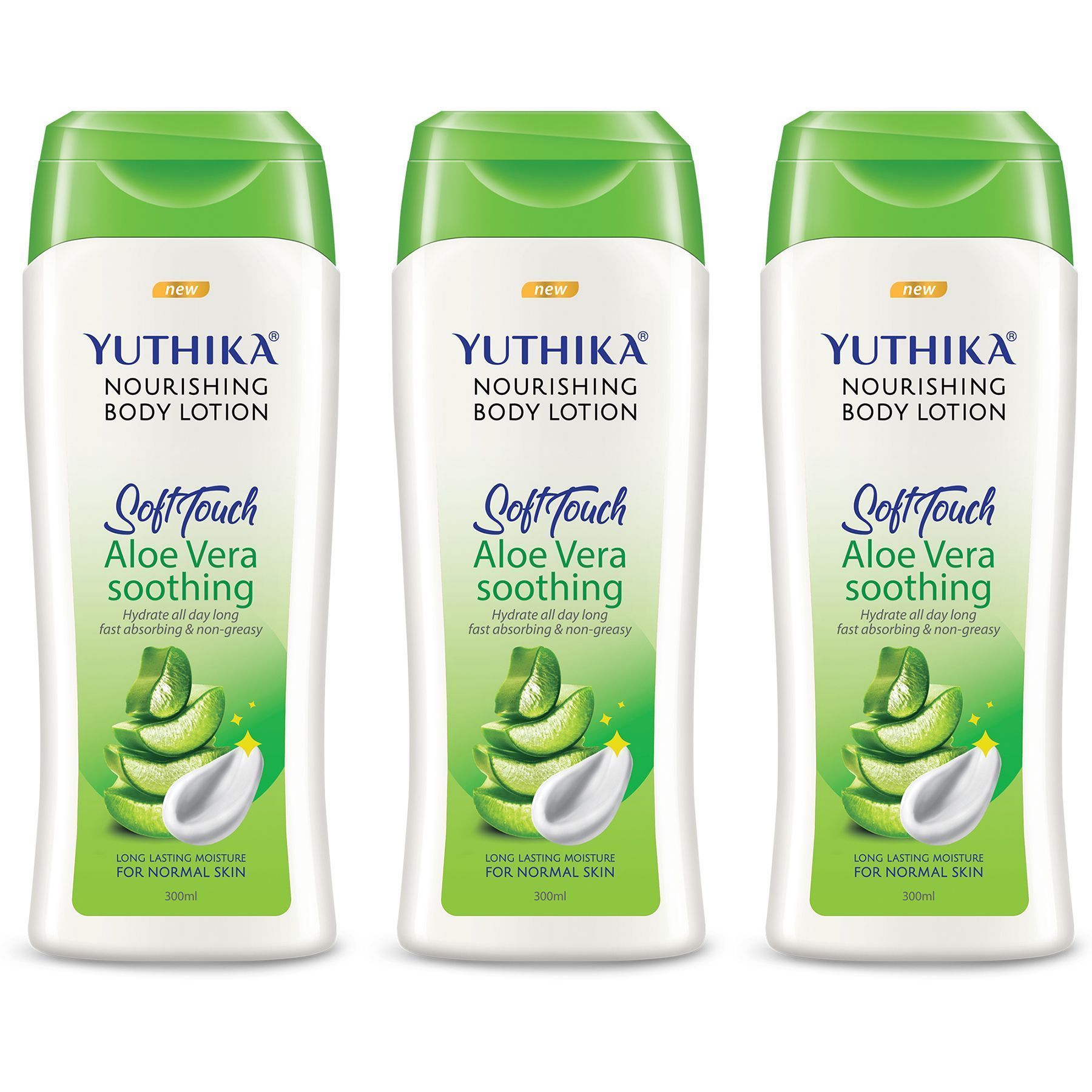Yuthika Aloe Vera Body Lotion 300ml Pack of 3, Instant Hydration, Fast Absorbing & Long Lasting Nourishing Body Lotion