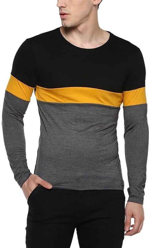 Men's Casual Colorblock Cotton Blend Round Neck T-Shirt (Grey, M)-PID47765