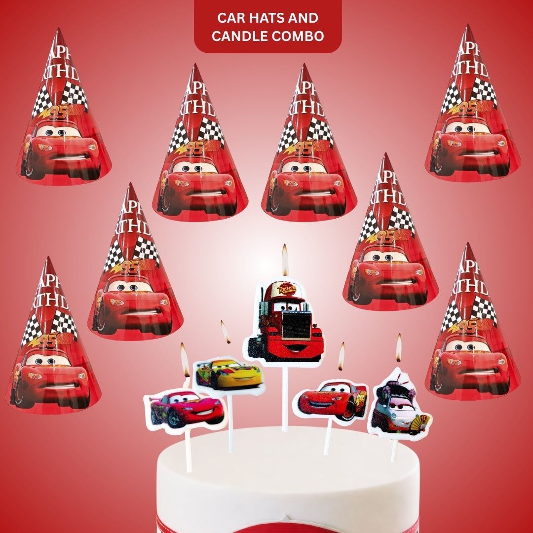 Racing Car Theme Birthday Decoration Combo Kit with Hats and Candles - 13PC (Hats Pack of 8 & Car Theme Candles Pack of 5)