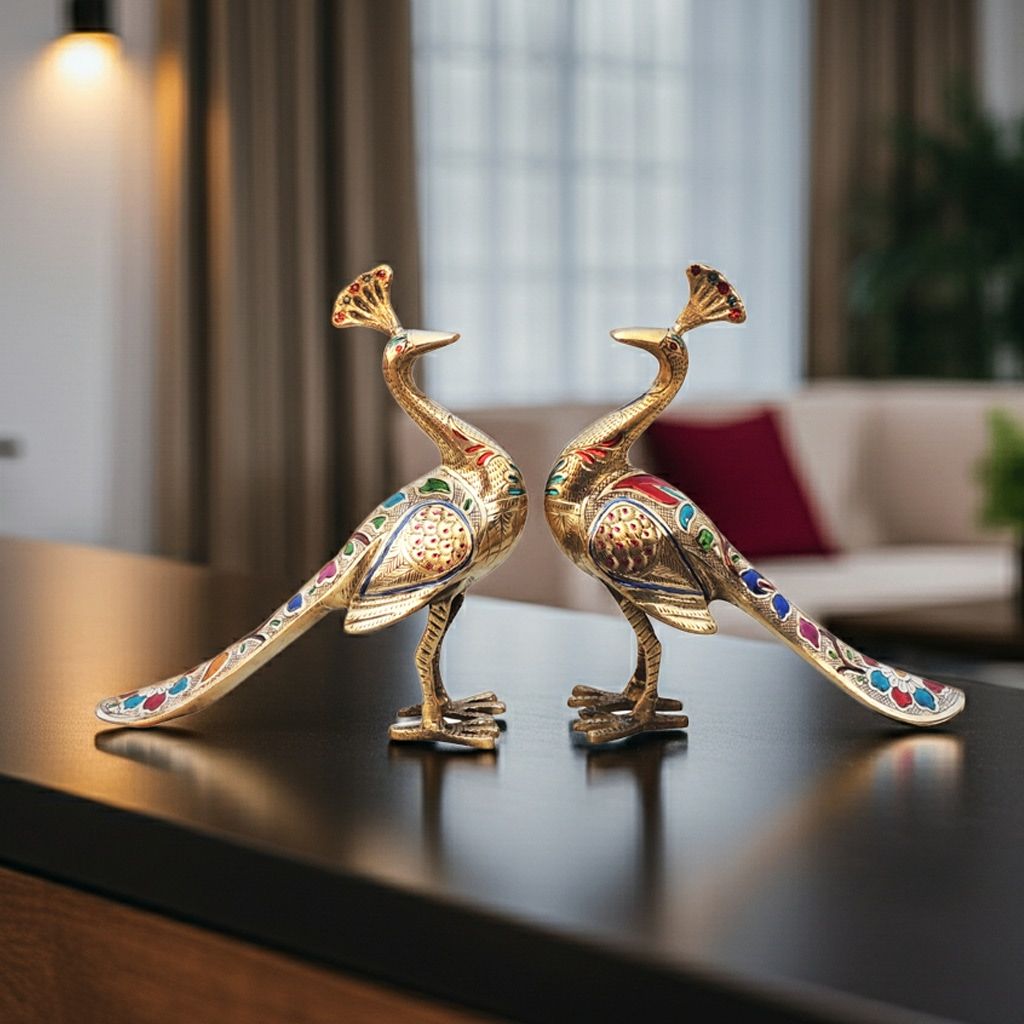 Brass Peacock Pair Decorative Statue for Premium Interiors, Height : 9.2 Inch (ANMAS252 B)