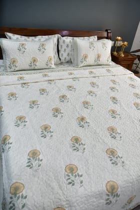 Flower of Hope Quilted Handblock bedcover King size 90x108 inches